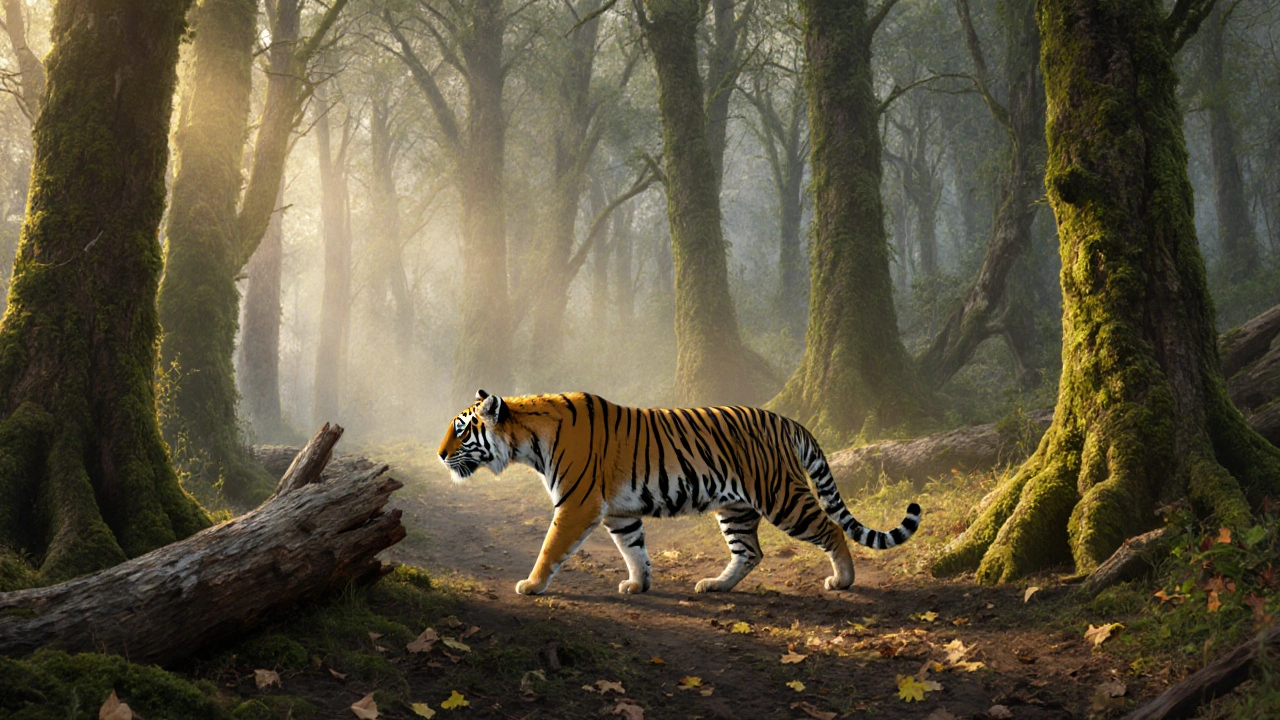 Амурский тигр в туманном лесу Дальнего Востока, рядом — следы вырубки