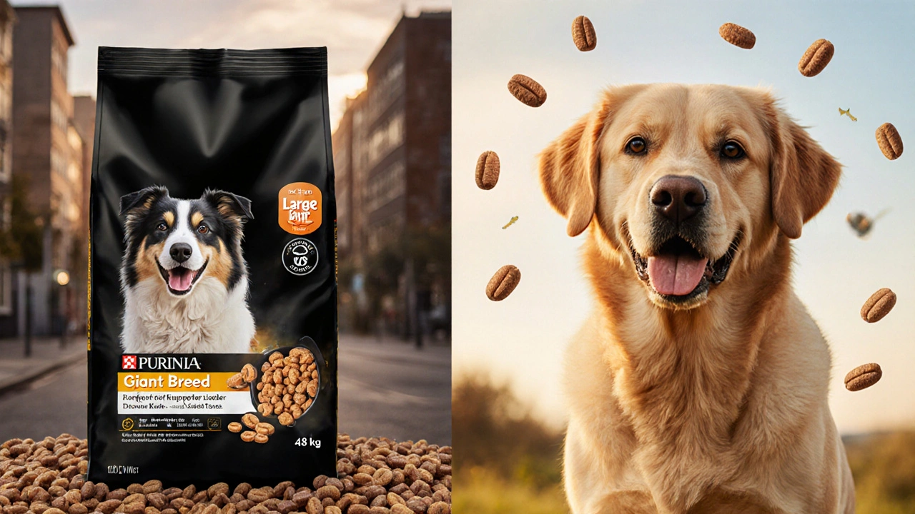 Два пса рядом: лабрадор 48 кг с крупными гранулами и бордер-колли 32 кг со стандартными, символы поддержки суставов.