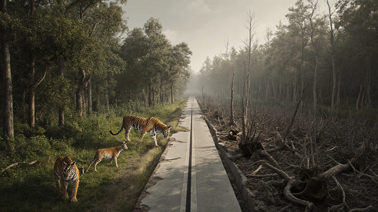 Разделенный лес: с одной стороны — здоровый экосистема с тигром, с другой — вырубленная и опустошенная земля.