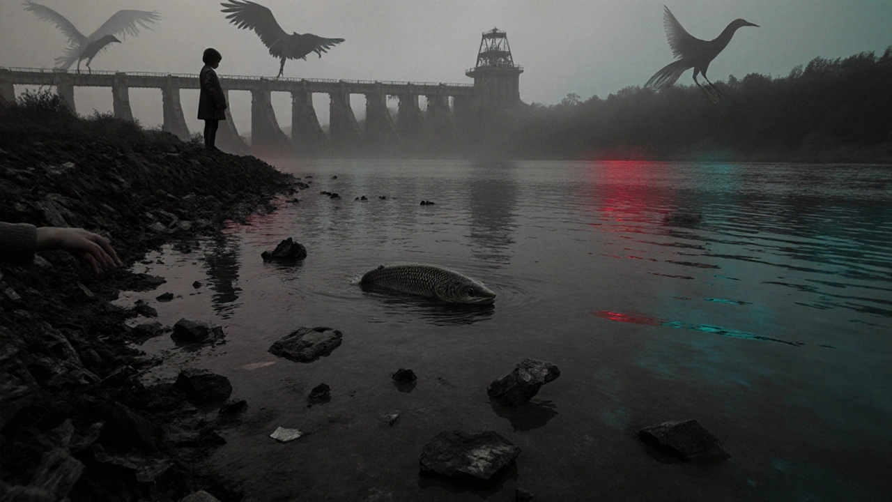 Стерлядь в загрязнённой реке Волга, вокруг — обломки плотины и исчезающие животные