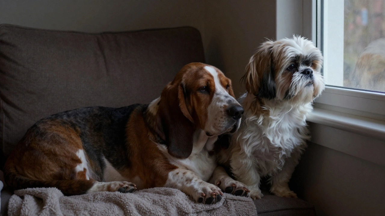 Бассет-хаунд и ши-тцу спокойно лежат в углу гостиной, вечерний свет и тишина.