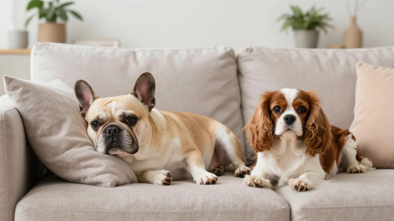 Французский бульдог и кавалер-кинг-чарльз-спаниель отдыхают на диване в спокойной обстановке.