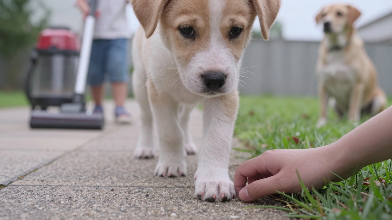 Щенок стоит на разных поверхностях, человек мягко трогает его лапу.