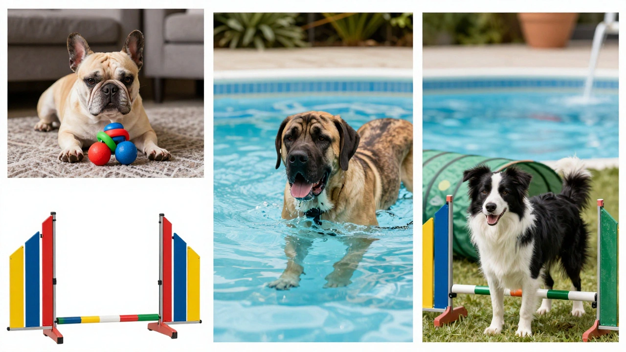 Три породы собак: французский бульдог с игрушкой, сенбернар в воде и бордер-колли на препятствиях.