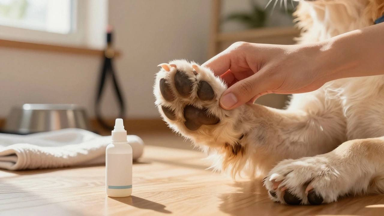 Ветеринар осматривает лапу собаки после тренировки, нанося бальзам на подушечки.