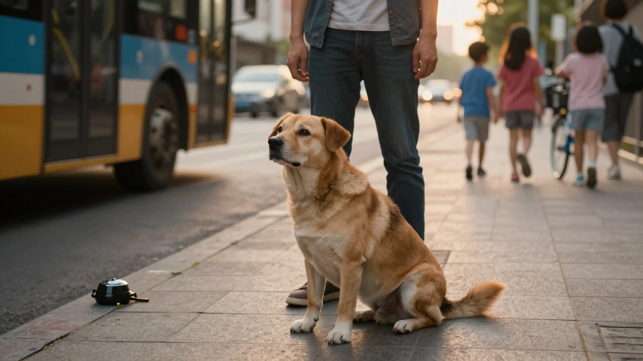 Взрослая собака спокойно сидит на улице, не реагируя на шум города.