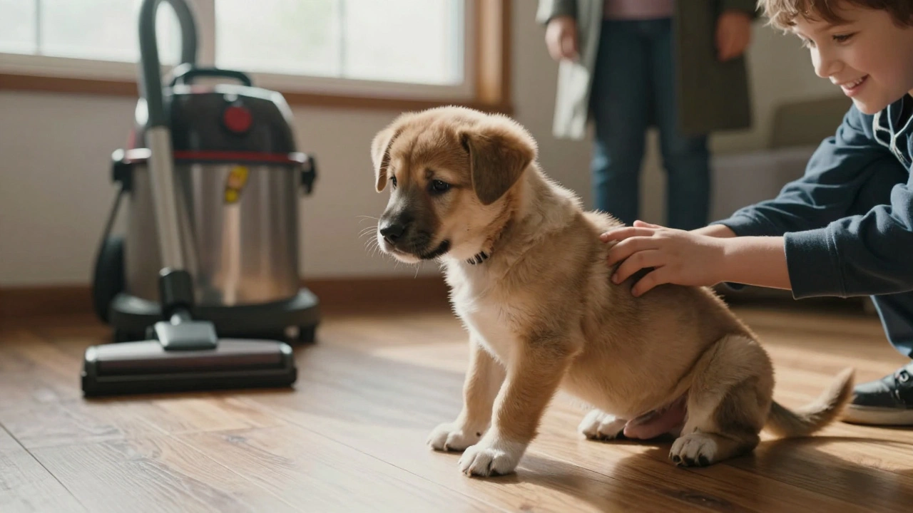 12-недельный щенок спокойно позволяет детям трогать лапу, рядом стоит человек в пальто и включенный пылесос.