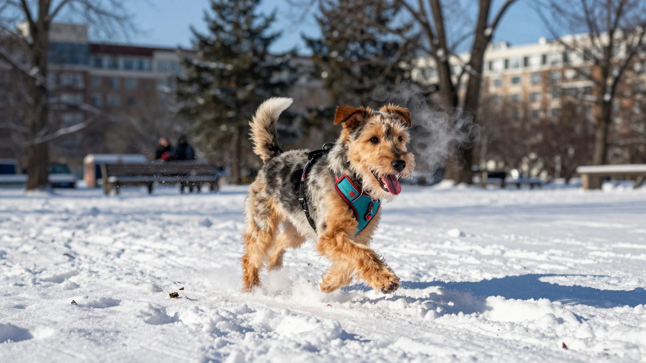 Австралийский терьер бегает по снегу в зимнем городе.