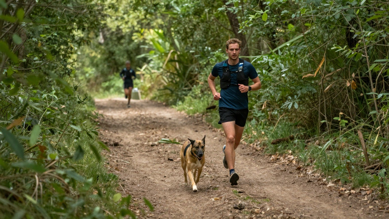 Бегун и собака на естественной лесной тропе, безопасной для лап.