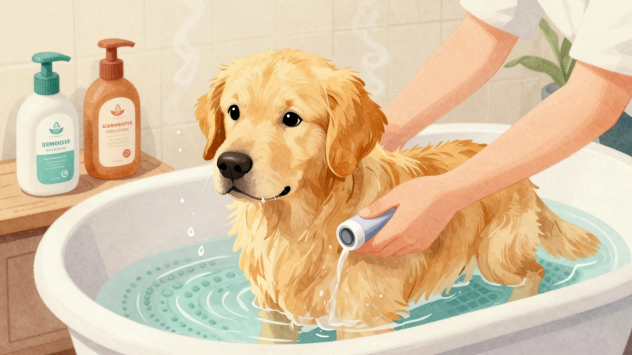 Бережное купание собаки с проверкой температуры воды