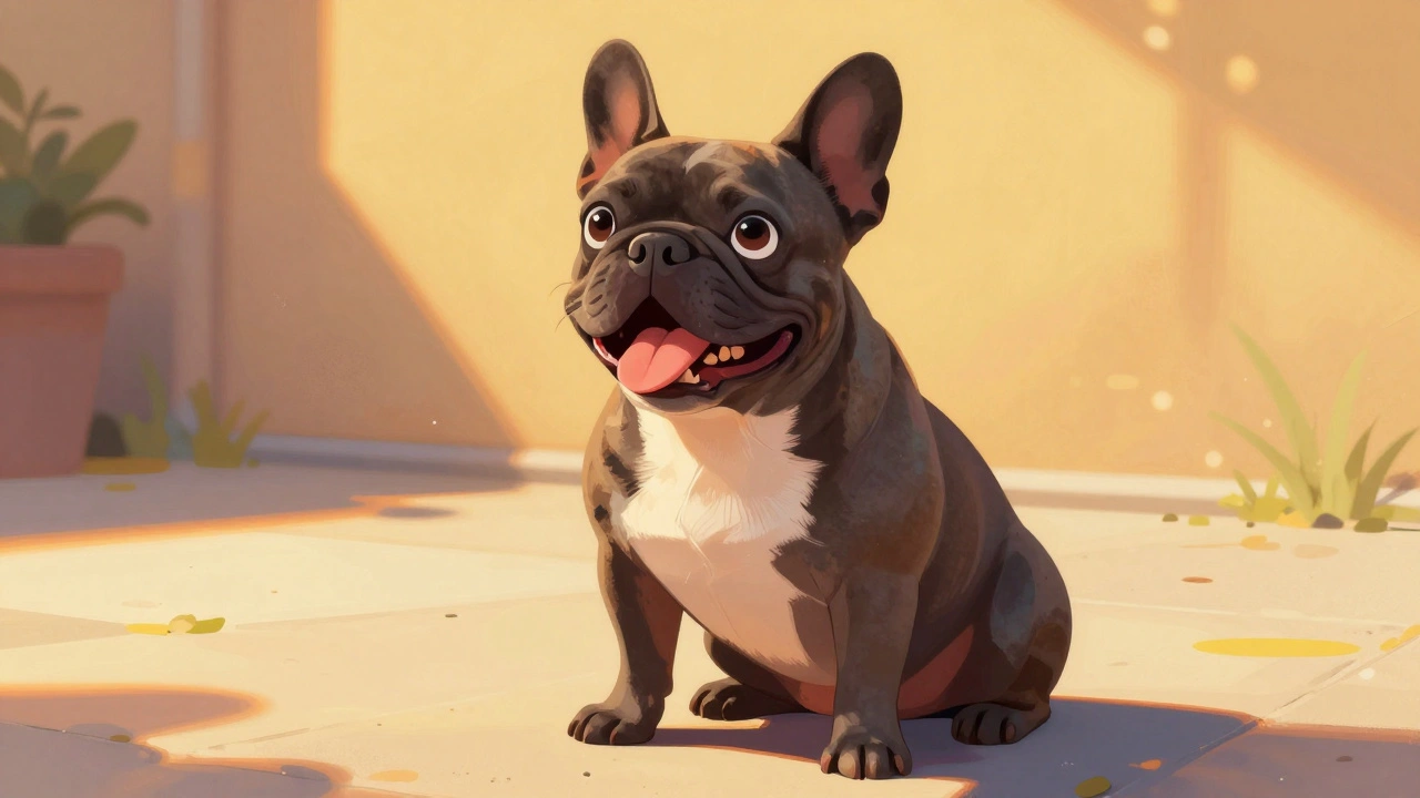 Брахицефальная собака тяжело дышит на улице в жаркий летний день.