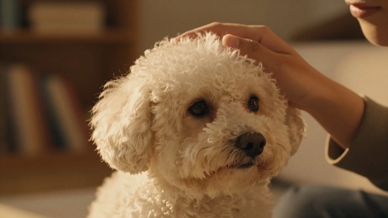 Человек нежно держит голову белой собаки при теплом свете.