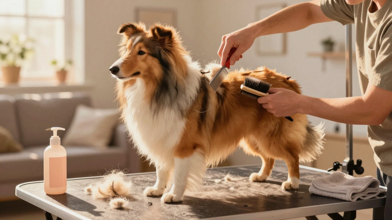 Длинношерстная собака расчесывается двумя людьми, один держит шерсть, другой убирает колтуны.