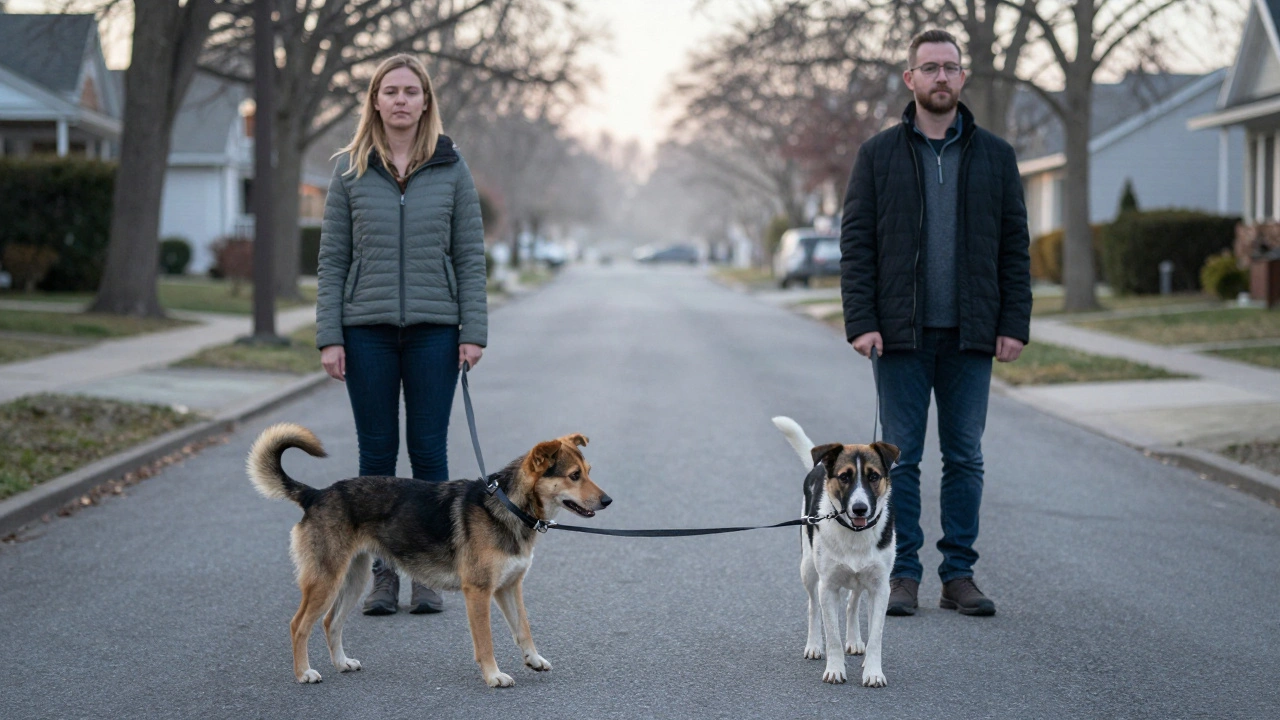 Две собаки идут параллельно на поводках, на безопасном расстоянии, в тихом районе утром.