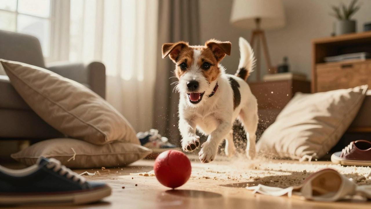 Джек-рассел-терьер прыгает за мячом в разгромленной гостиной, разбросаны вещи вокруг.