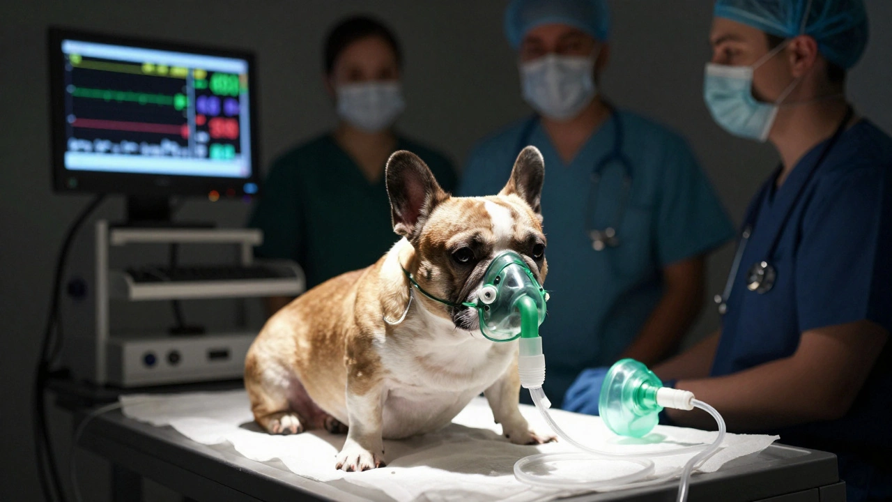 Французский бульдог под анестезией с подключёнными мониторами жизненных показателей, ветеринары внимательно следят за процессом.
