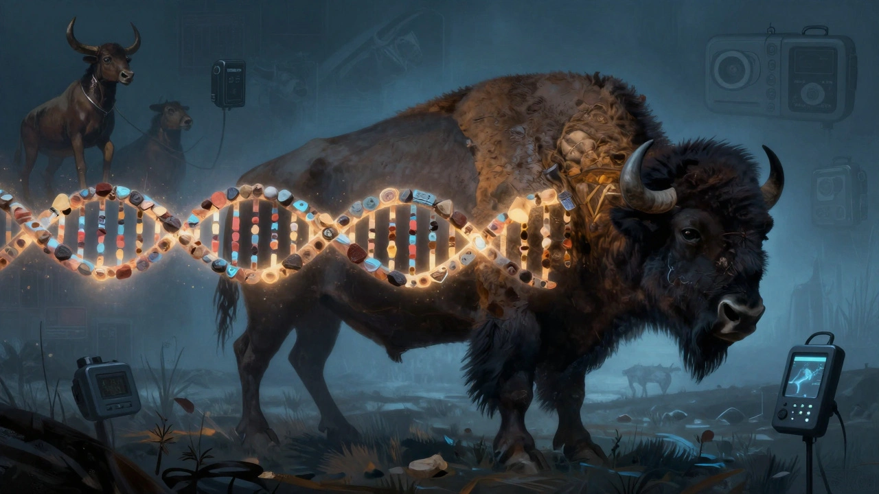 Генетическая спираль из древней ДНК и современных технологий, символ восстановления вида.