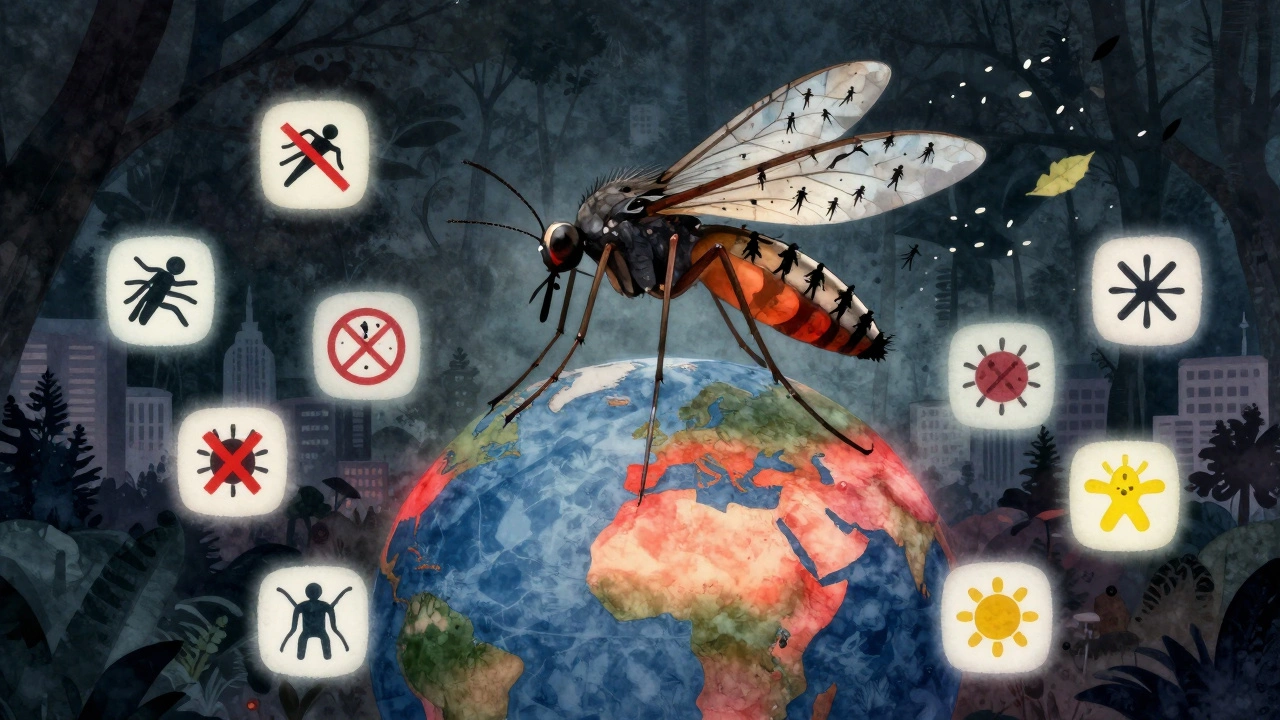 Гигантский комар, состоящий из тысяч человеческих силуэтов, стоит на глобусе с зонами распространения болезней.