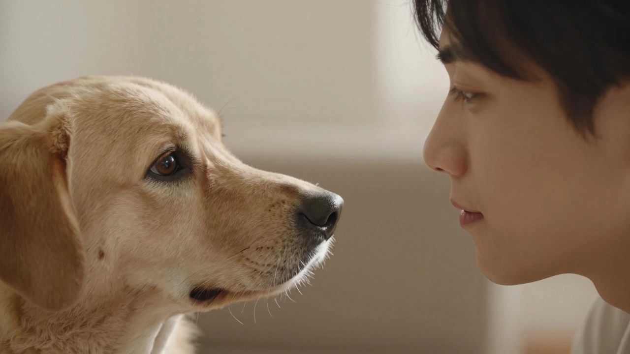 Глаза человека и собаки смотрят друг на друга, символ окситоциновой связи