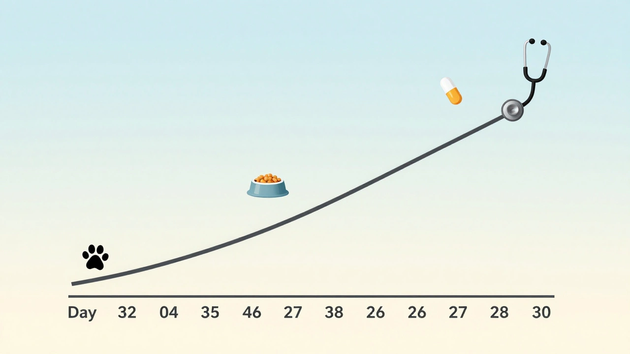 График набора веса собаки после кастрации с символами активности, питания и ветеринарного ухода.