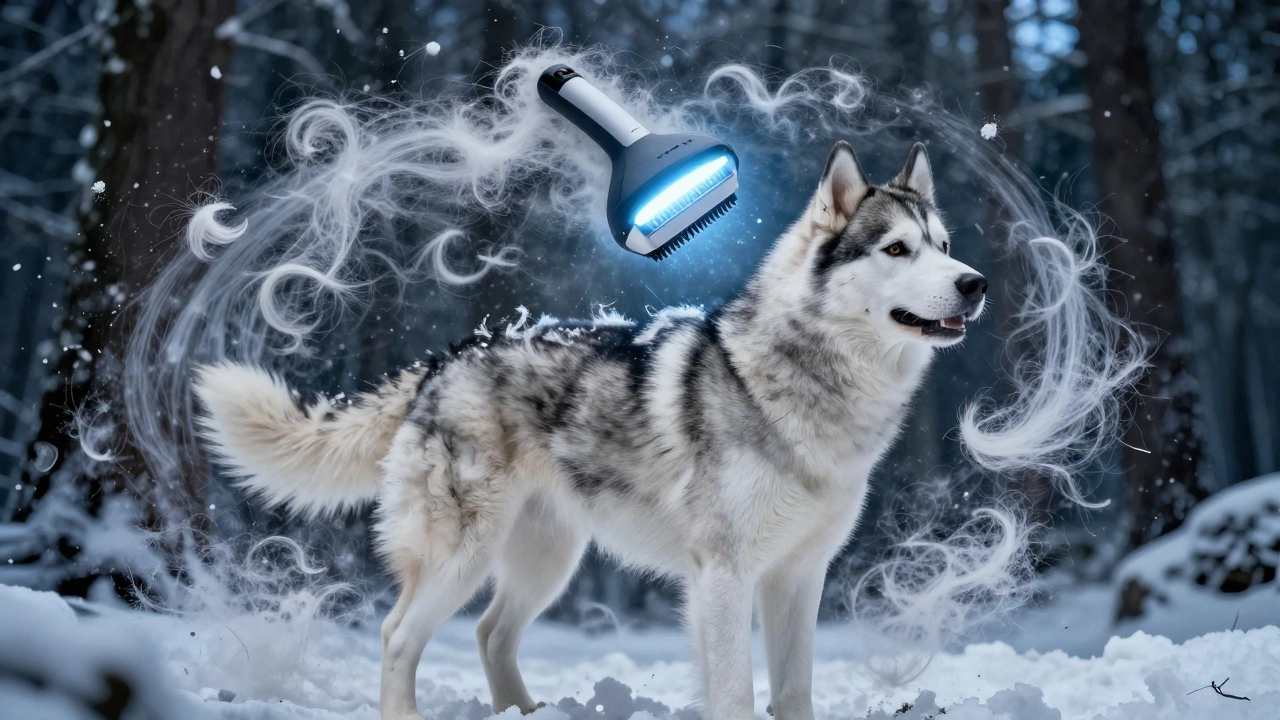 Хаски в период линьки, вокруг него вихрь из подшерстка, над спиной — инструмент для вычесывания.