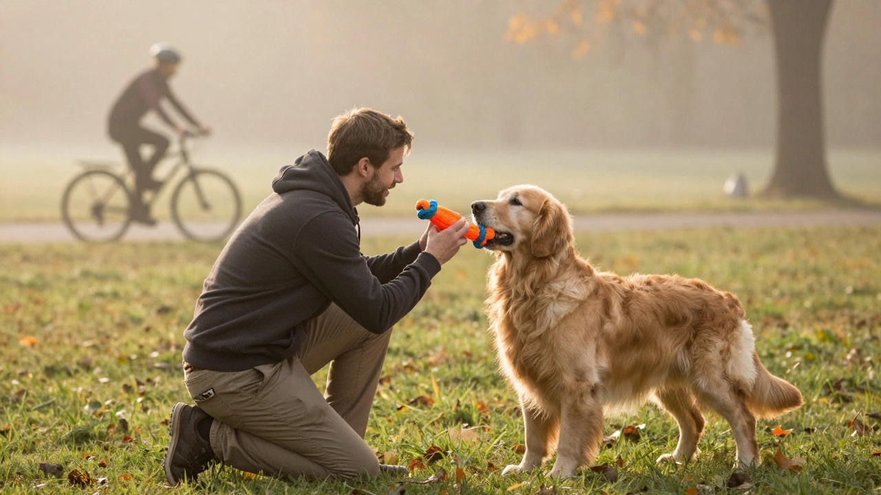 Хозяин отвлекает собаку от велосипеда игрушкой