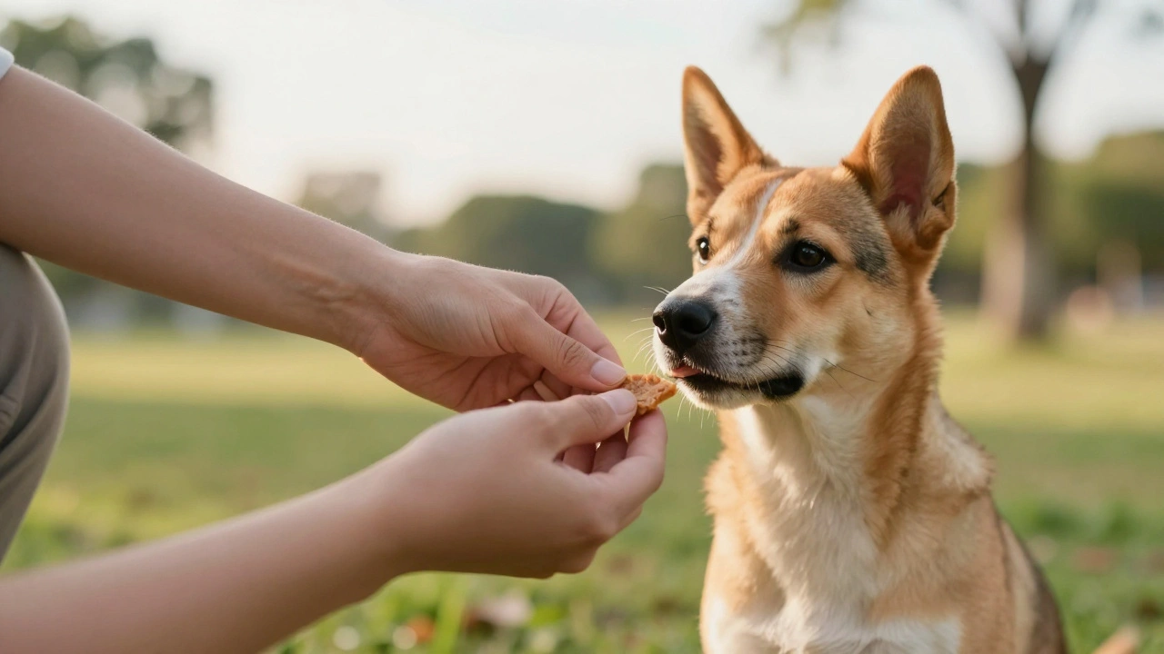 Хозяин поощряет щенка лакомством за правильное выполнение команды.