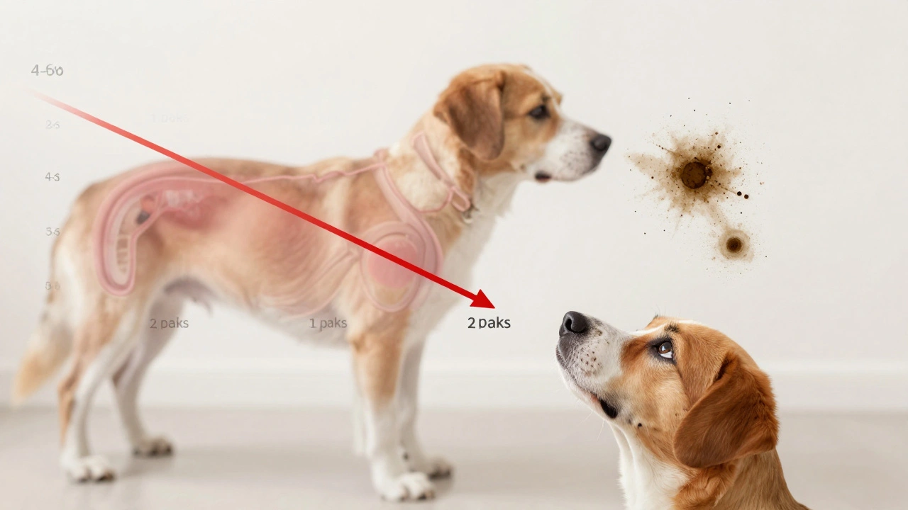 Художественное изображение снижения уровня тестостерона у собаки с визуализацией поведенческих изменений.