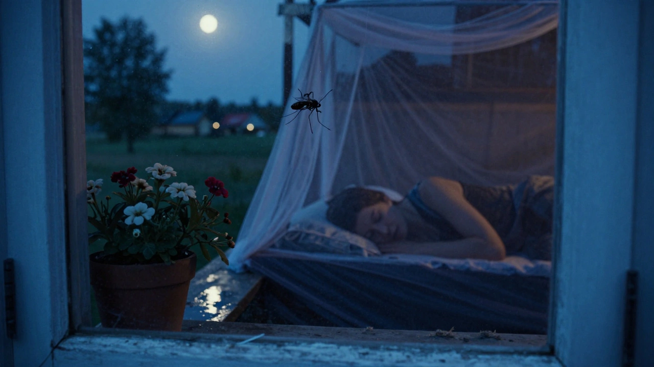 Комар на оконном стекле в российской деревне, внутри — спящая женщина под сеткой.