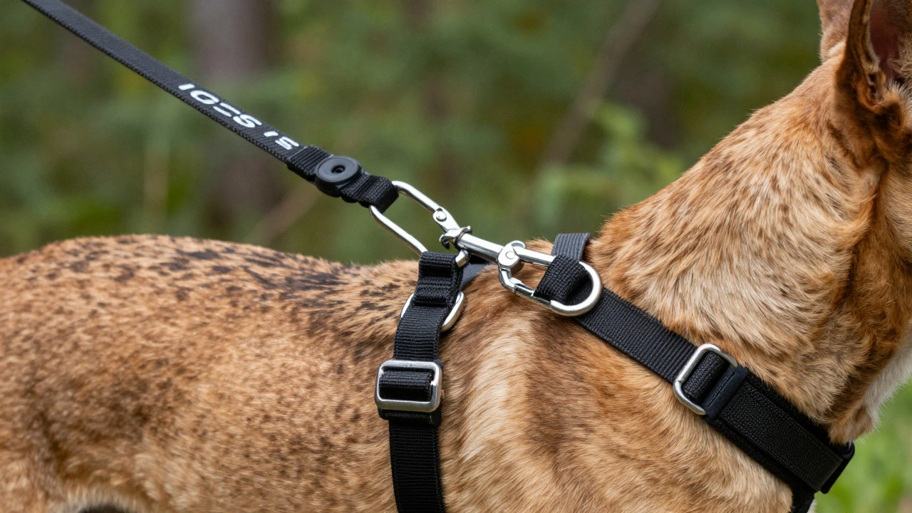 Крупный план экипировки: шлейка, потяг и пояс для бега с собакой.