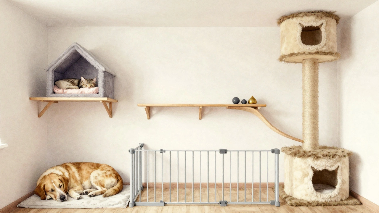 Многоуровневая территория кошки с полками и башней, ниже — собака в своей зоне, разделённая нежной перегородкой.