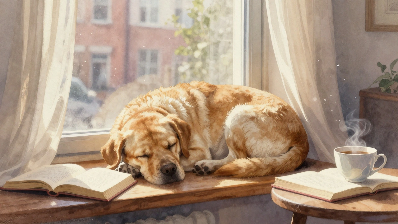 Мопс спит на подоконнике, солнечный свет падает на его мордочку, рядом лежит книга и чашка.