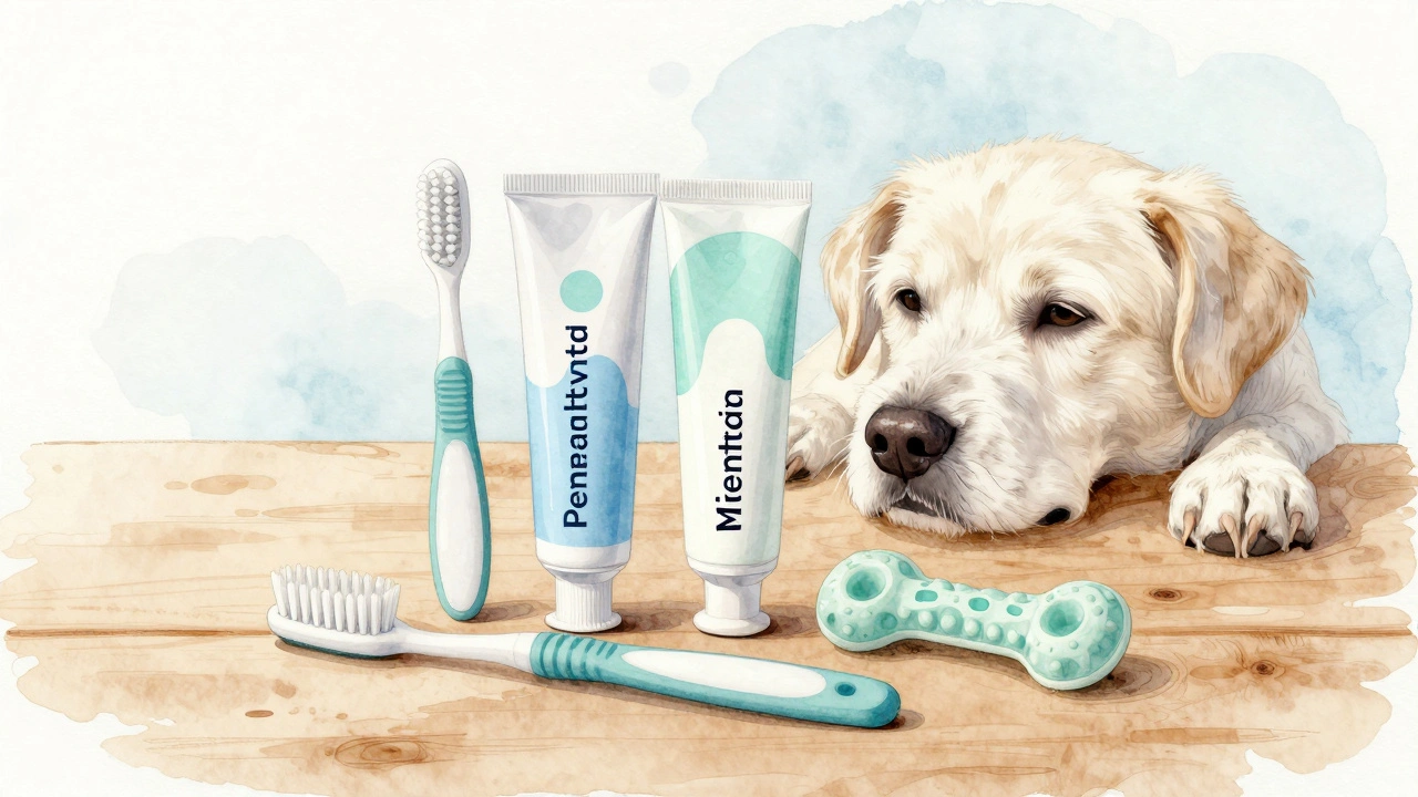 Набор средств гигиены для зубов на деревянном столе.