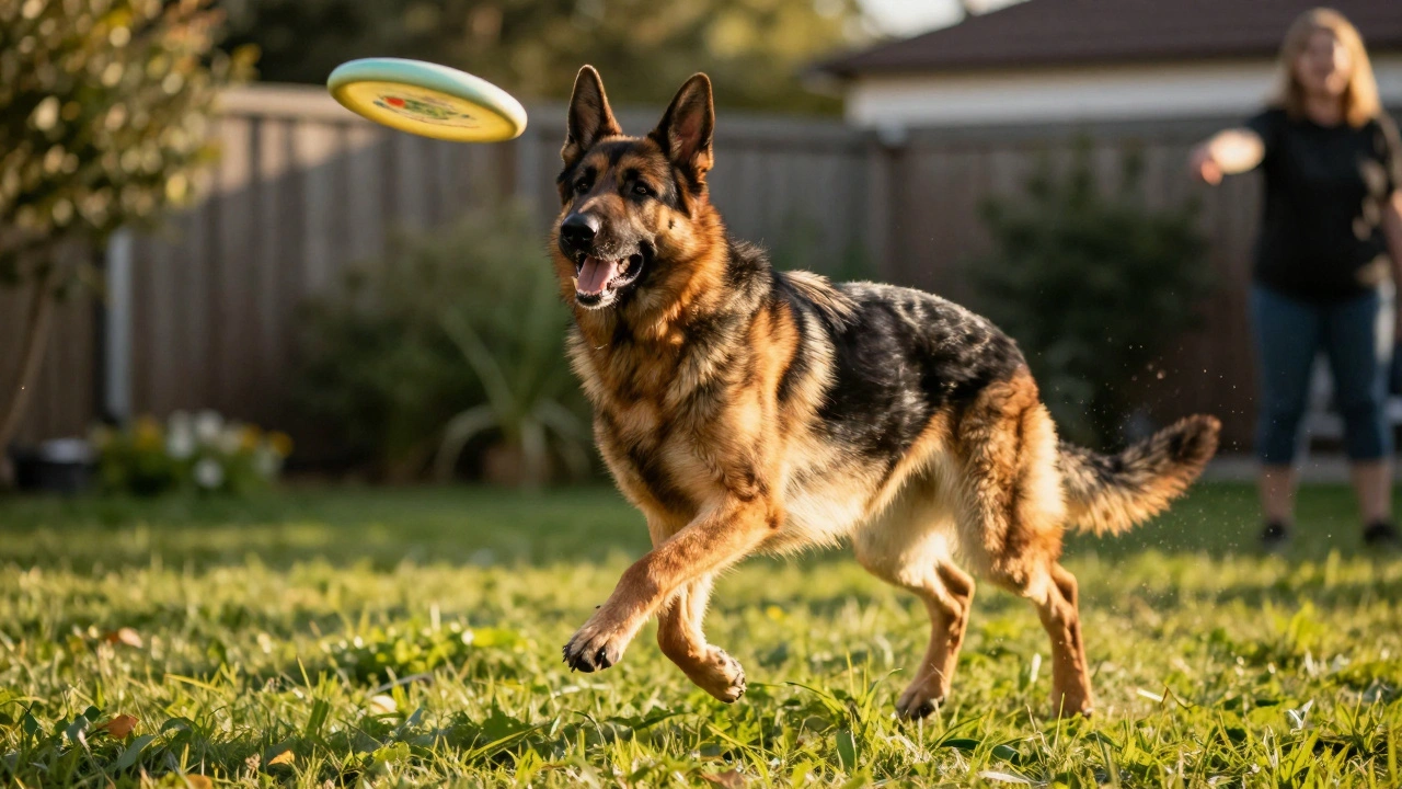 Немецкая овчарка прыгает в воздухе, пытаясь поймать диск на фоне зелёного двора.