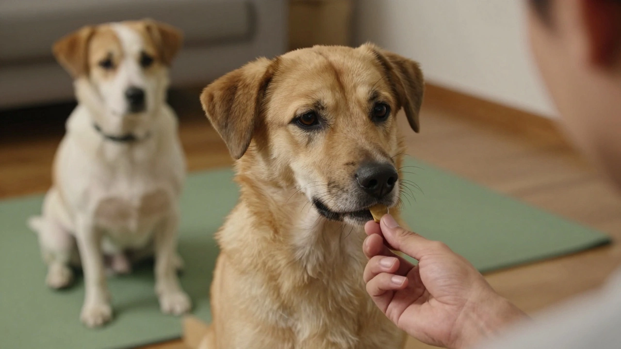 Пес ждет угощение, глядя на руки дрессировщика с терпением.