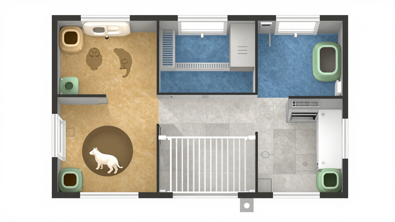 Планировка квартиры с цветовыми зонами для кошки и собаки, отдельные лотки и безопасные барьеры.
