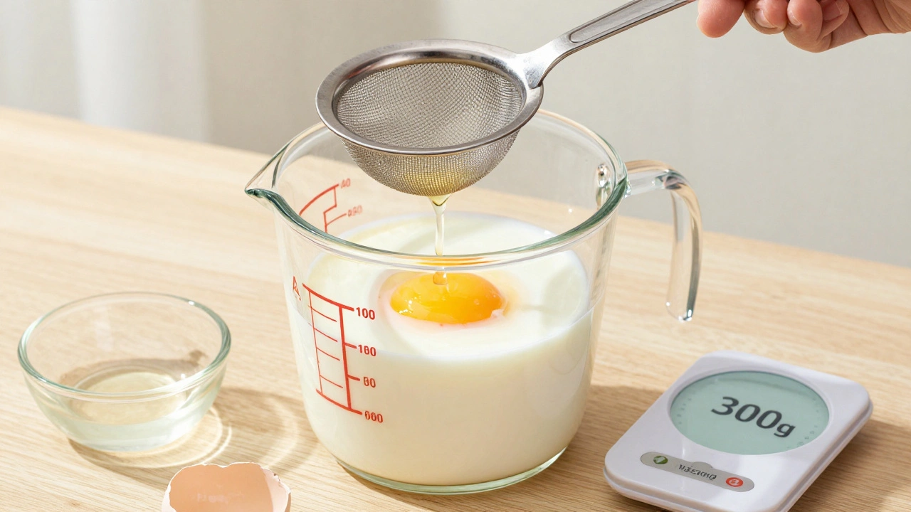 Подготовка специальной молочной смеси для щенков: молоко, яичный желток, сливки и витамины в стеклянном мерном стакане.
