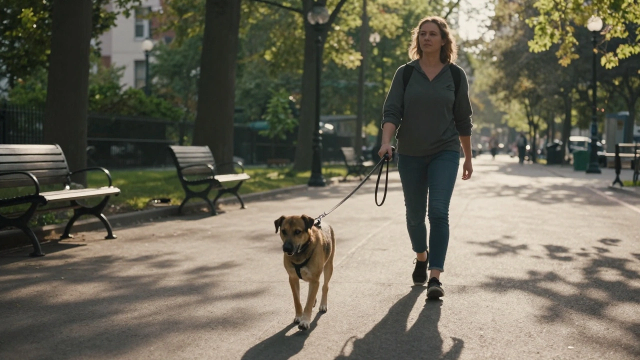 Подруженная собака спокойно гуляет рядом с владельцем по парку.