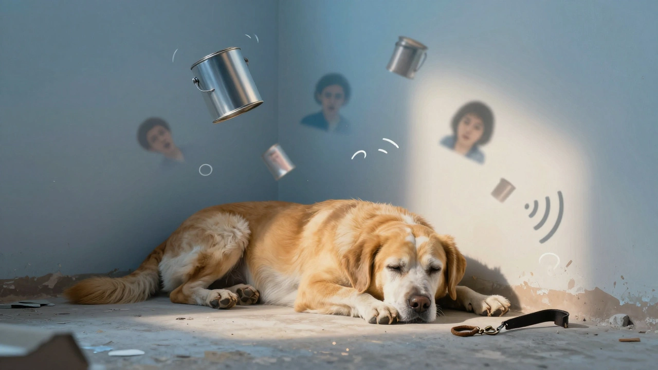 Пожилая собака в стрессе среди признаков ремонта: краска, люди и звуковые волны.