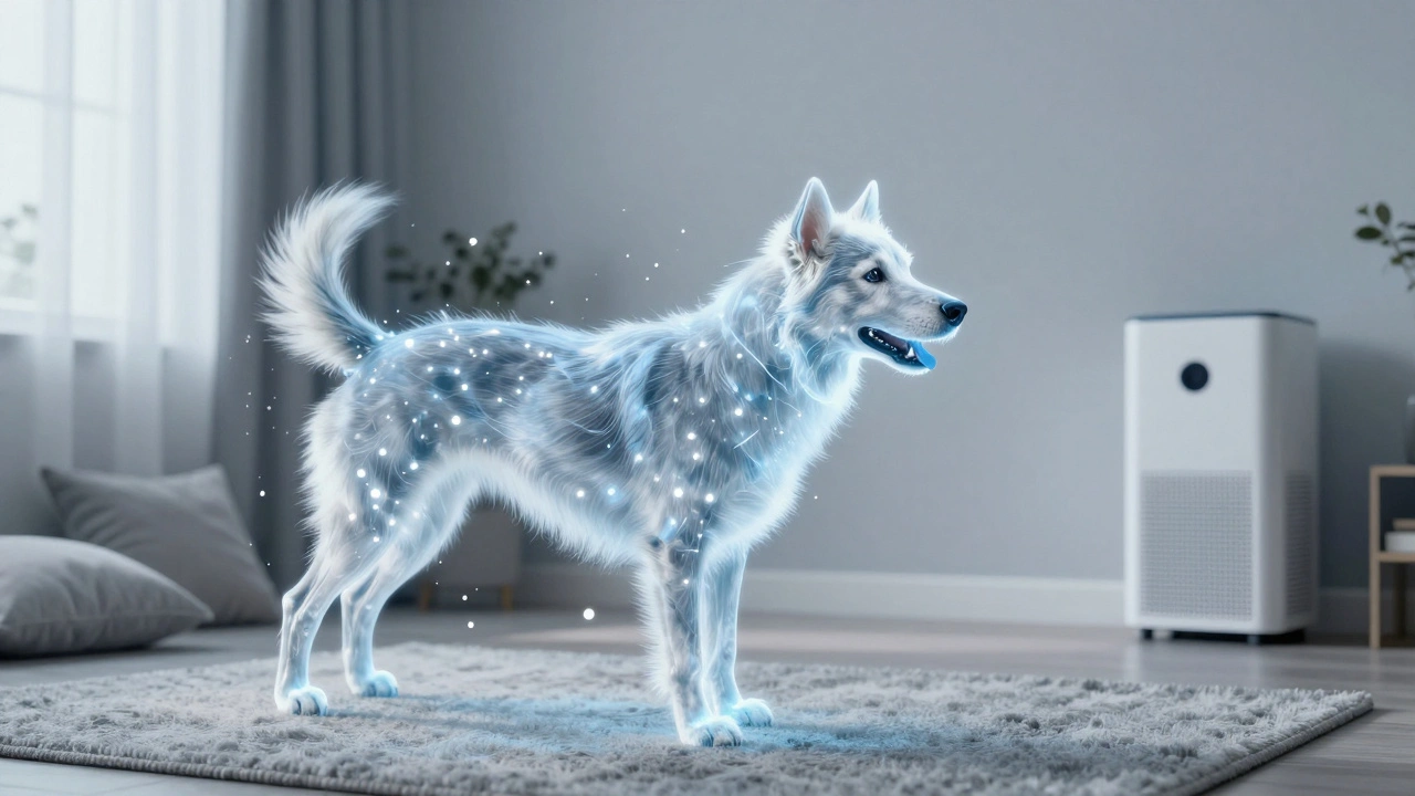 Прозрачная собака выделяет светящиеся аллергены, которые распространяются по дому.