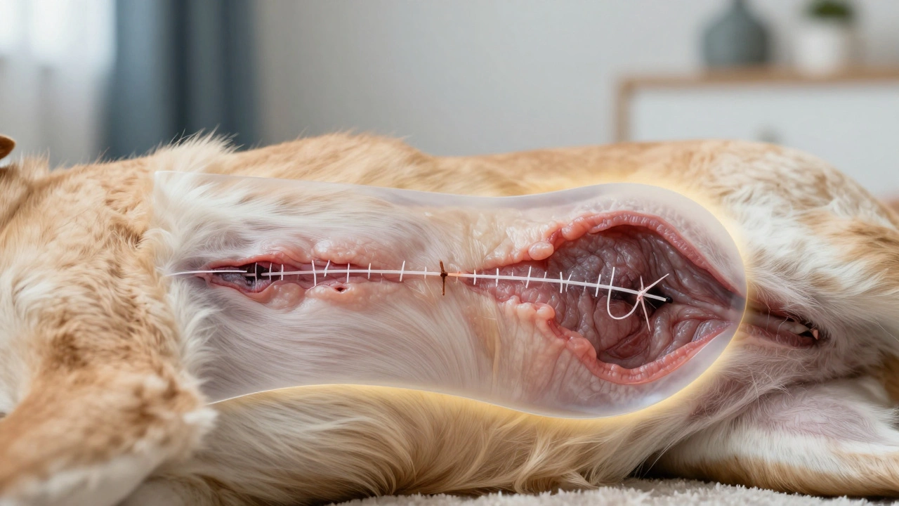 Прозрачный слой над животом собаки показывает внутренние швы и заживающие ткани, с золотым контуром защитной зоны.