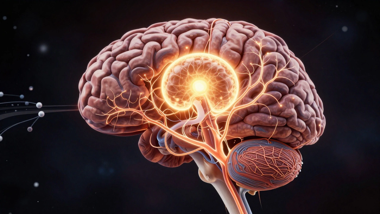 Разрез головного мозга собаки с увеличенным обонятельным луковицей и активными нейронами.