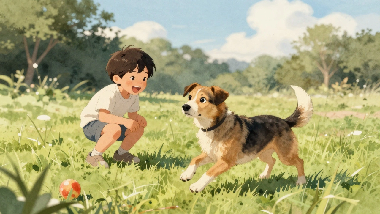Ребёнок и собака на траве: собака оглядывается, чтобы убедиться, что ребёнок рядом, игра без правил и цели.
