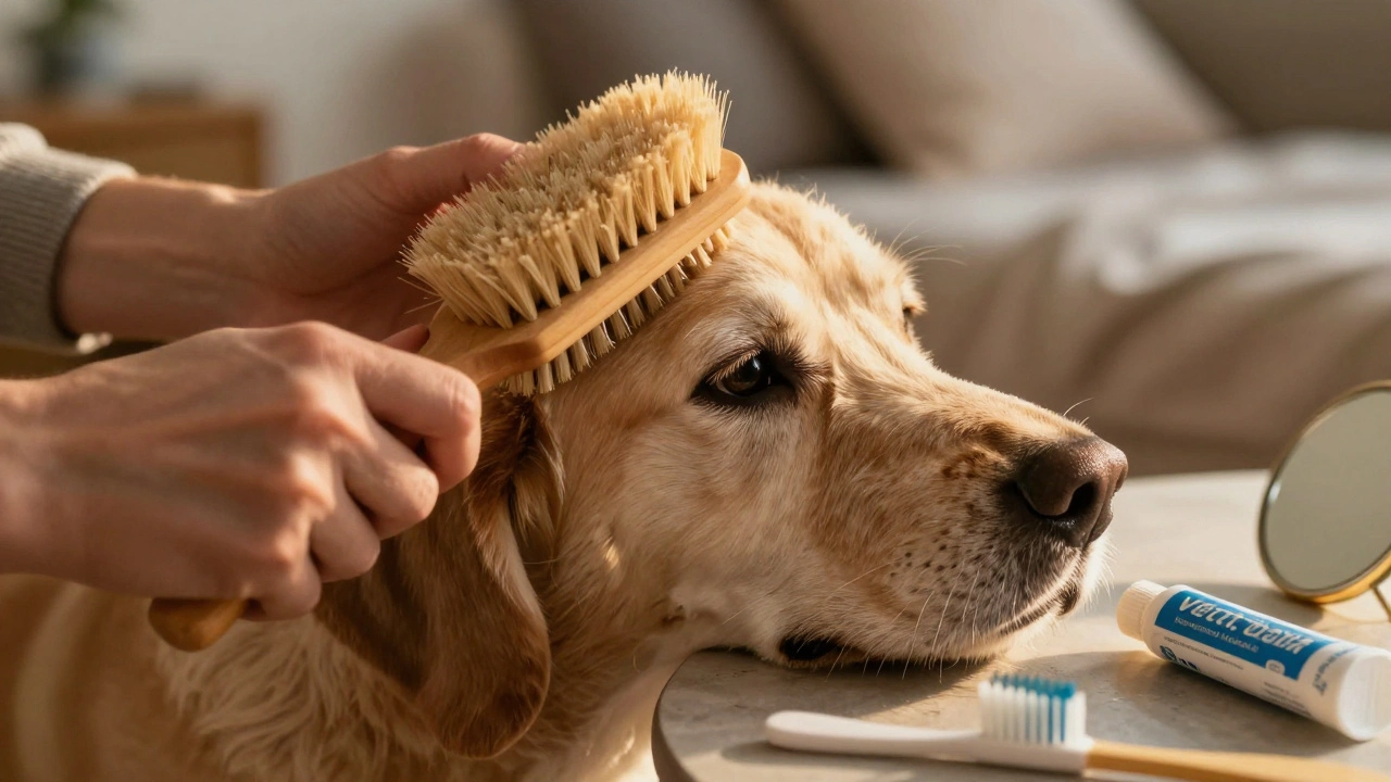 Рука ласкает шерсть пожилой собаки щеткой, рядом — зубная щетка и паста.