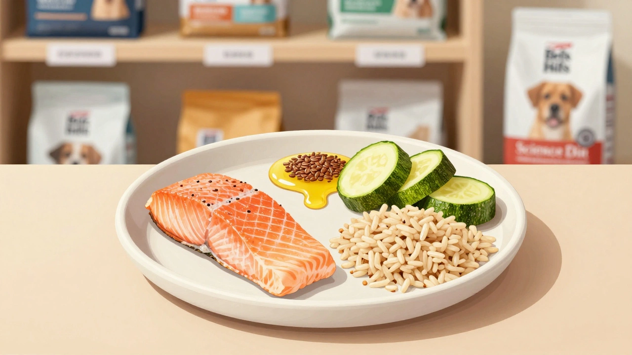Сбалансированный рацион собаки после кастрации: индейка, лосось, бурый рис и кабачки с льняным маслом.