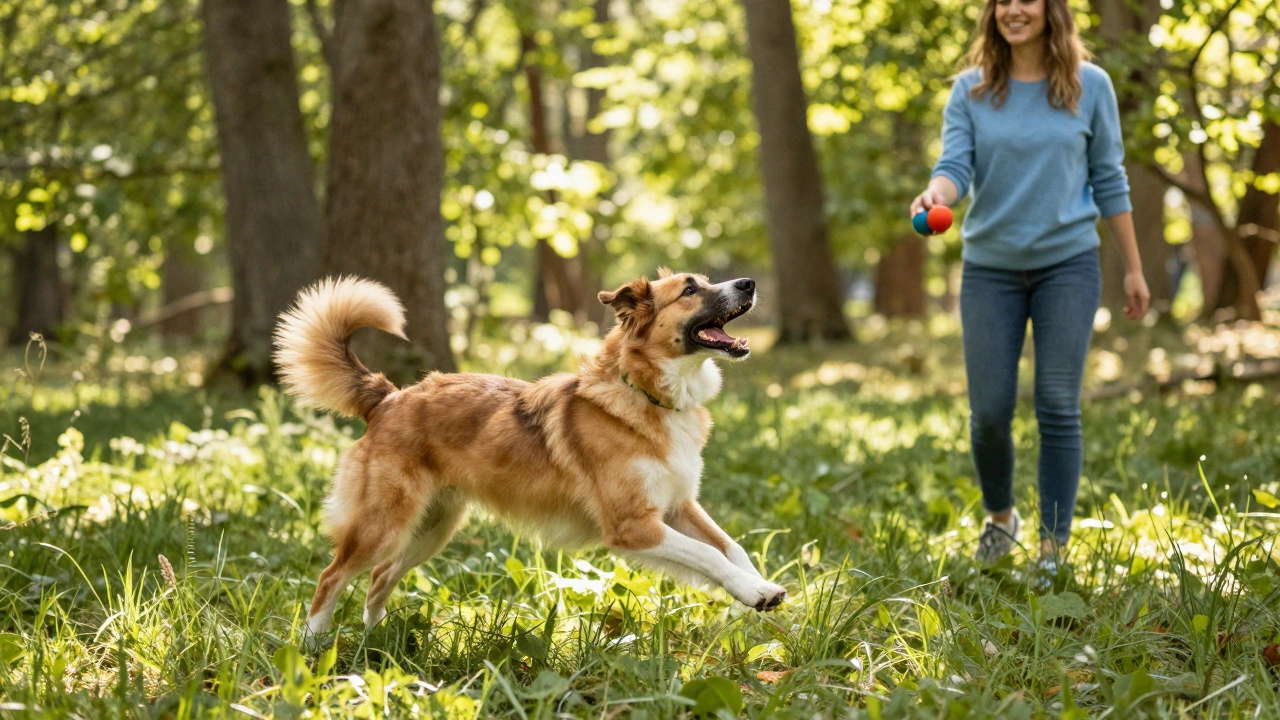 Счастливая собака играет с хозяином в лесу, хвост виляет.
