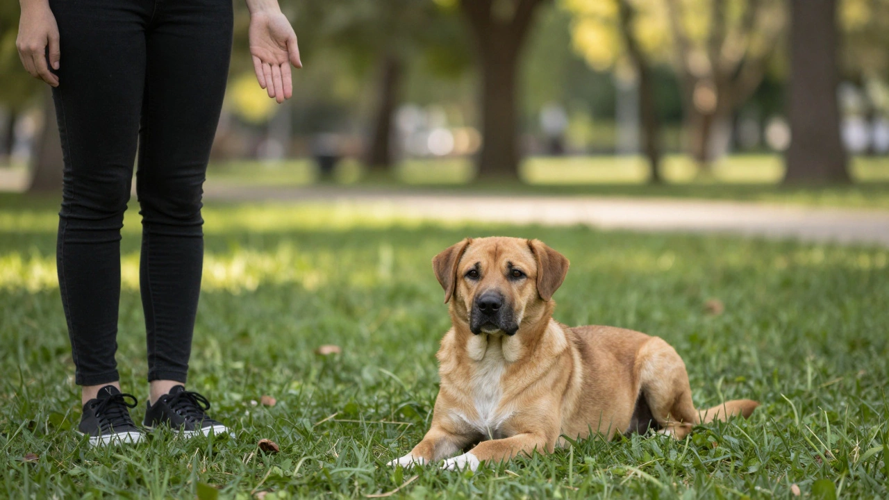 Щенок лежит на траве в парке, хозяин стоит в нескольких метрах, показывая жест команды 'лежать'.