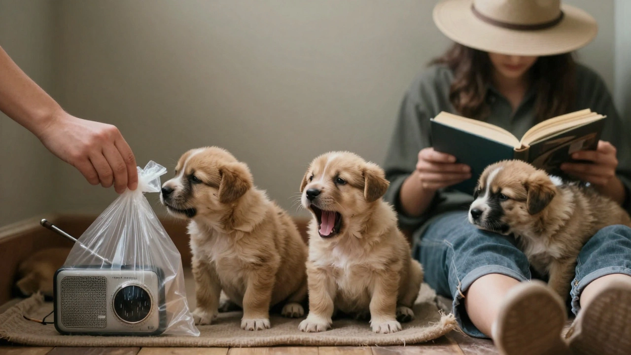 Щенок осторожно исследует пластиковую упаковку, рядом тихо играет радио, человек сидит спокойно.