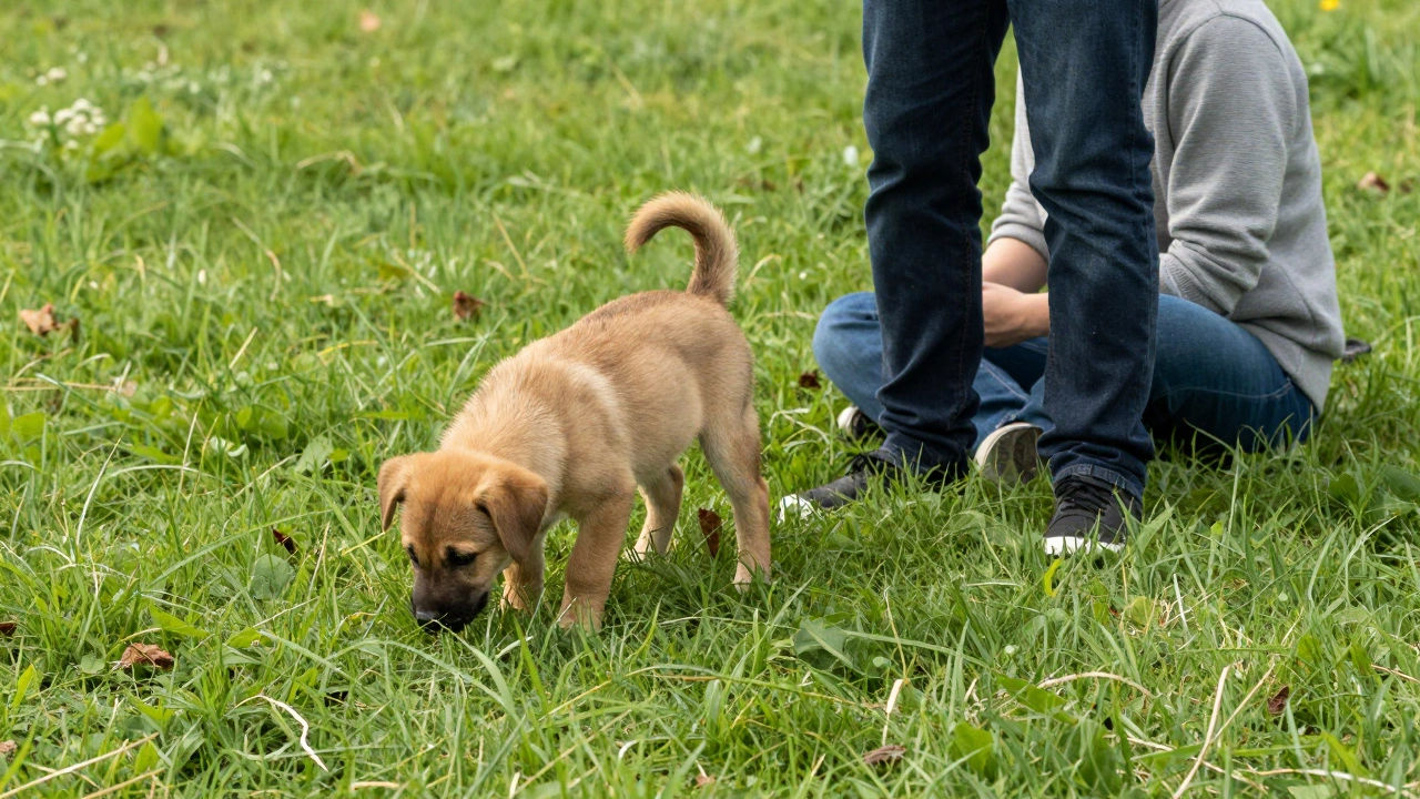 Щенок уверенно играет рядом с хозяином как базой безопасности