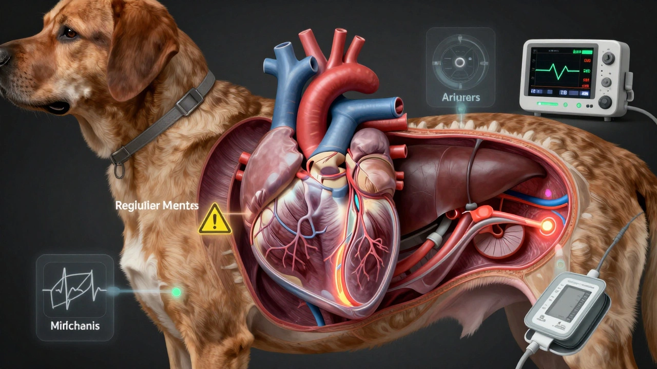 Схематичное изображение внутренних органов собаки с признаками рисков под анестезией: аритмия, нагрузка на печень, затруднённое дыхание.